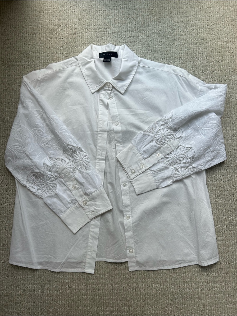 Sanctuary White Button-Down Shirt with Embroidered Sleeves